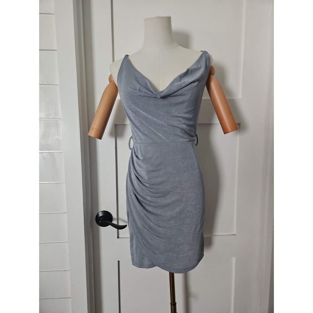 Mable Women's Shimmering Steel‎ Blue Cowl Neck Ruched Mini Dress Size Small